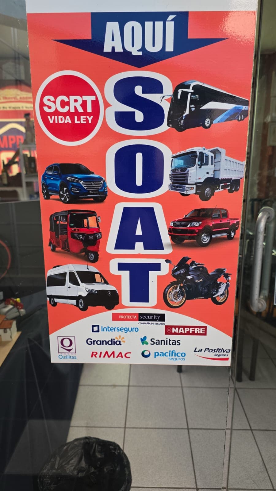 Sign at our Espinar office: SOAT and SCTR (Vida Ley) sold here, with the insurers we work with.
