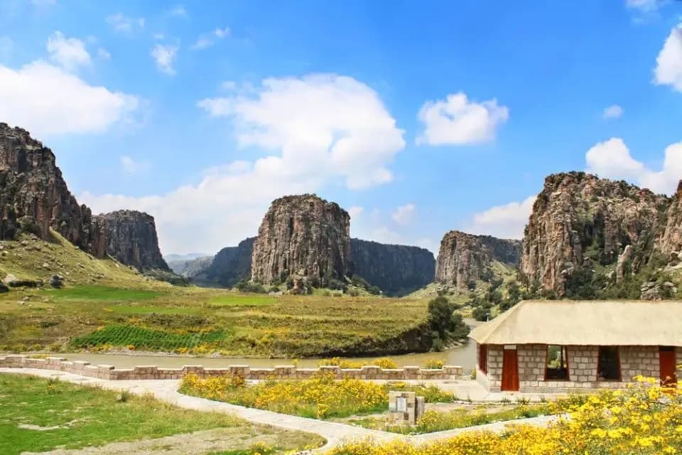 The Three Canyons of Suyckutambo from the interpretation centre, in bloom